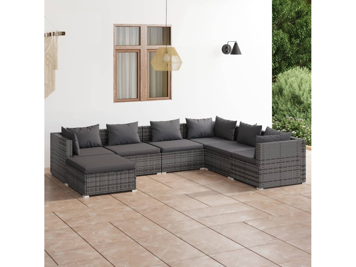 Conjunto 7 Peças Lounge De Jardim C/ Almofadões Vime Pe Cinza Dkd Home Decor
