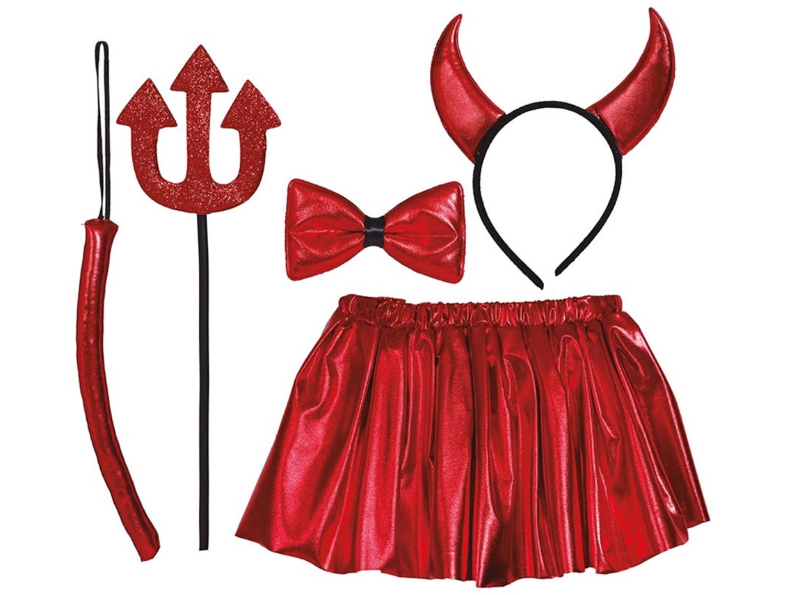 Kit Diabo Infantil Tutu, Tiara, Laço, Rabo e Tridente 30 cm