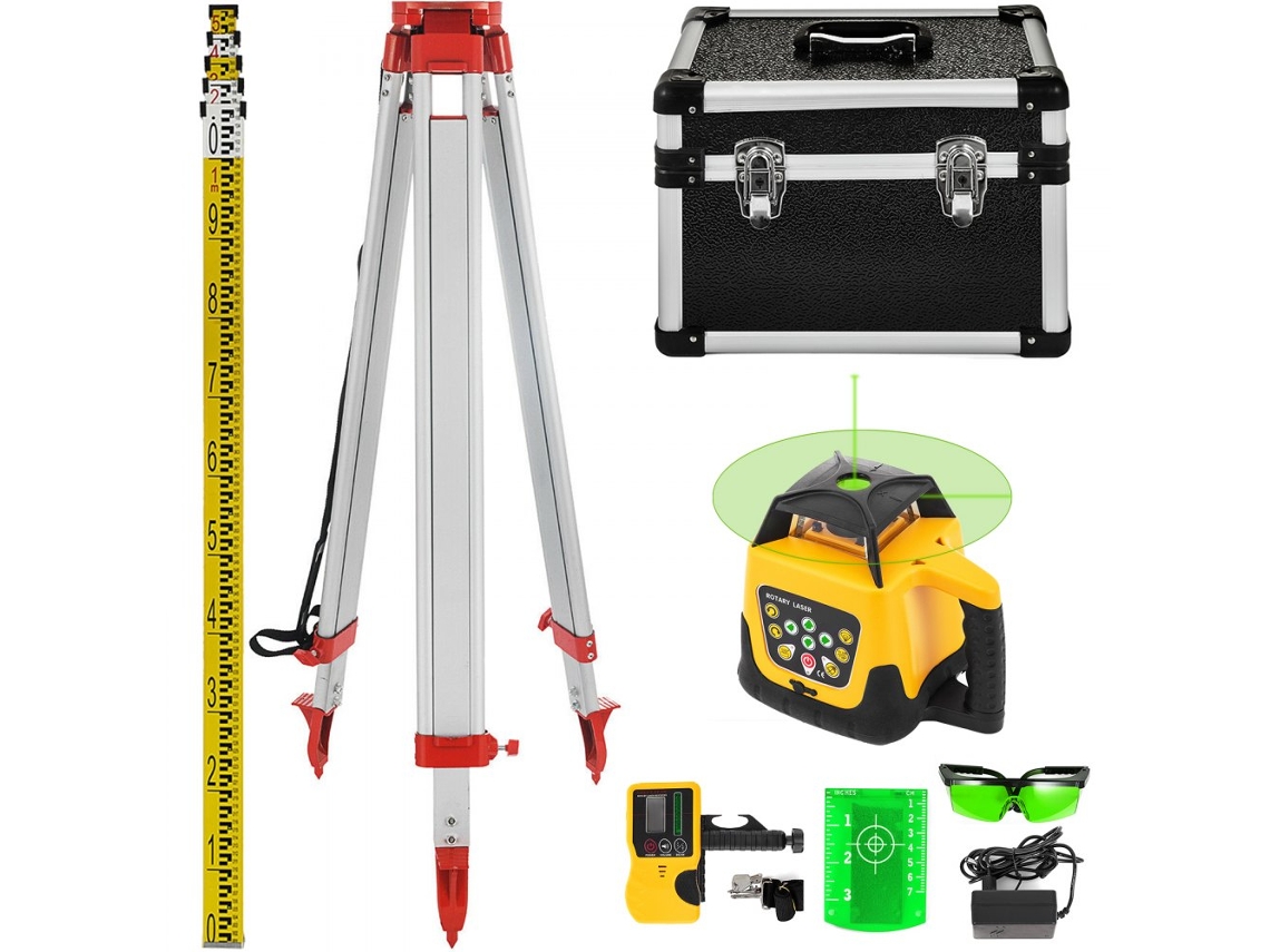 Conjunto Profissional De Nível Laser Rotativo 360° Com Tripé Ajustável E Régua Telescópica Tekmaquinas