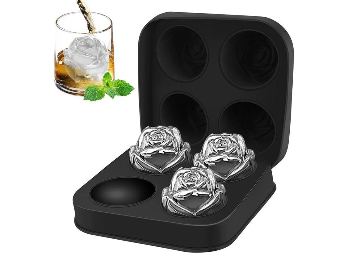 Moldes De Gelo De Rosa De Silicone Com 4 Cavidades, 2,5 Polegadas, Gelo Grande Para Drinks E Coquetéis