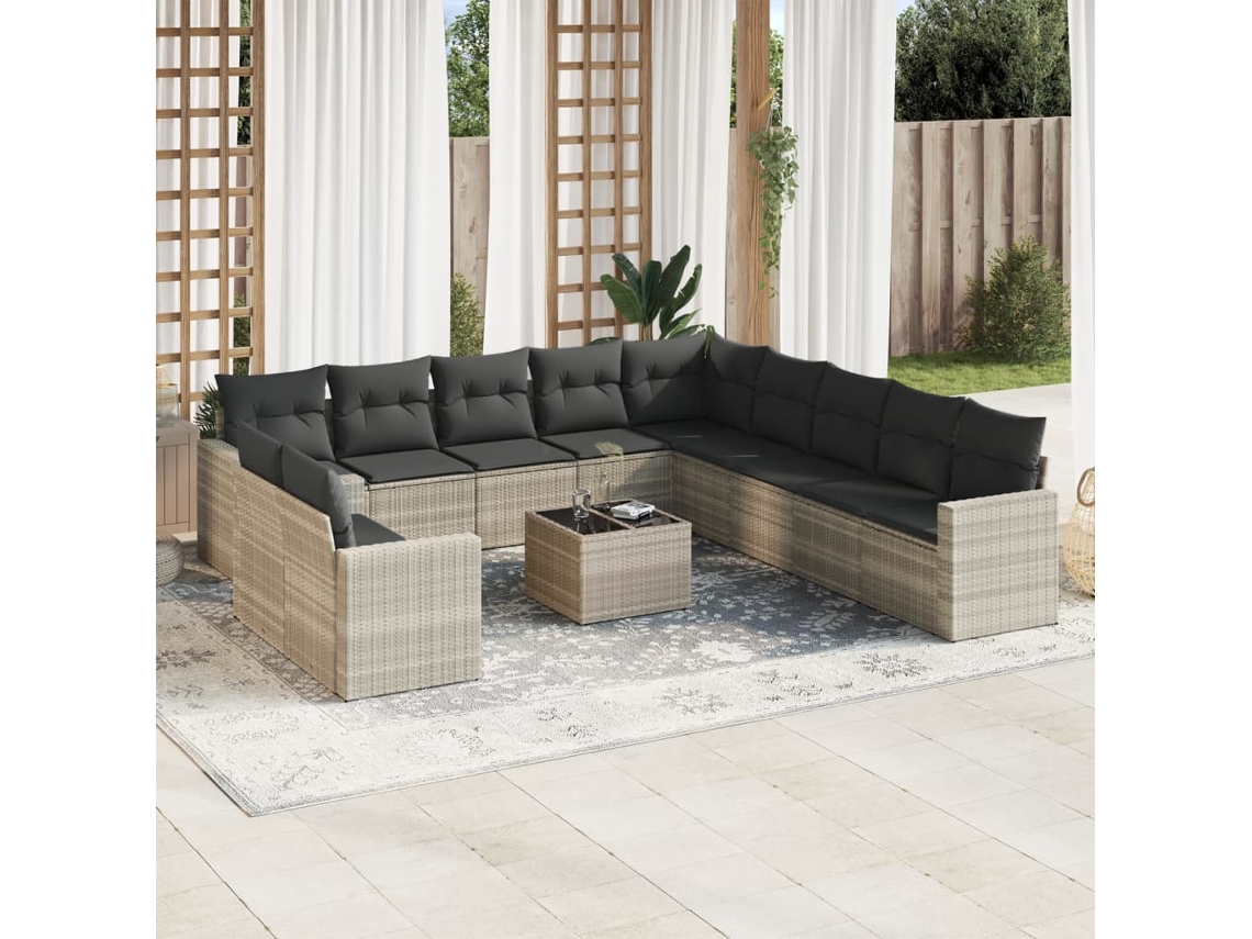 Vidaxl 12 Pcs Conj. Sofás Jardim Com Almofadões Vime Pe Cinzento-claro