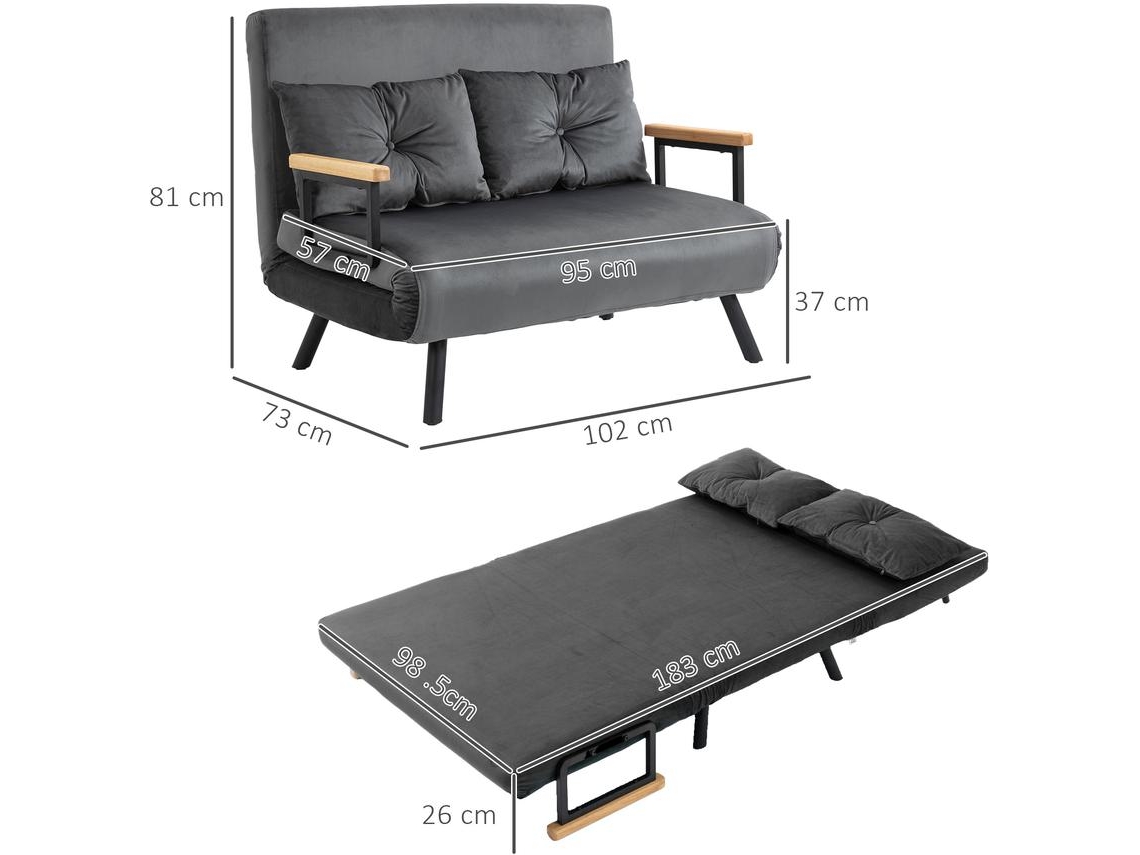 Sofá Cama Aço, Poliéster e Madeira de Borracha Cor Cinzento 102x73x81 cm Homcom