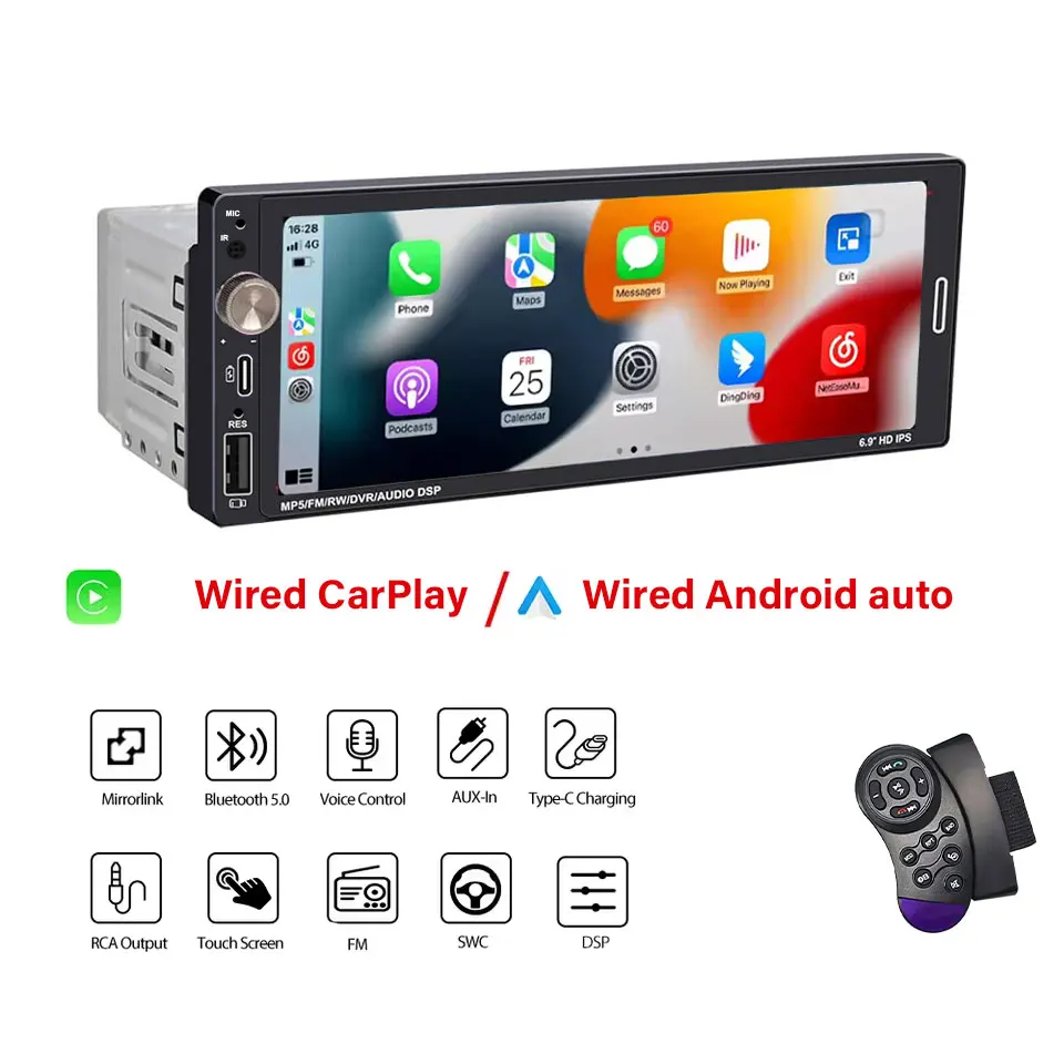 Sistema Multimídia Automotivo 1din, Tela Sensível Ao Toque Carplay De 6,9 Polegadas, Bluetooth, Usb.