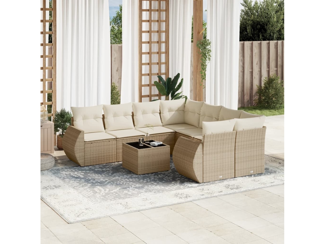 Vidaxl 9 Pcs Conjunto De Sofás P/ Jardim Com Almofadões Vime Pe Bege