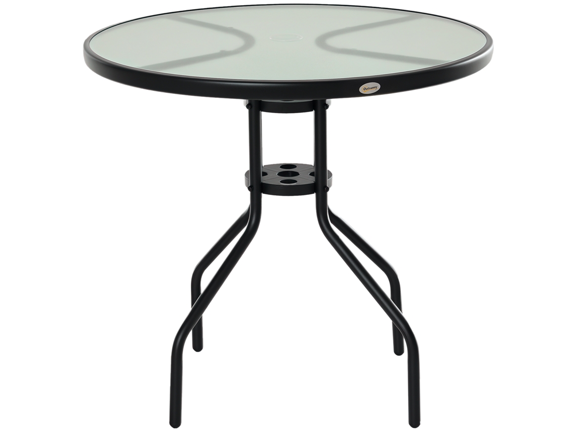 Mesa de jardim BTFORUS com tampo de vidro temperado e furo para guarda-sol, 80cm preto
