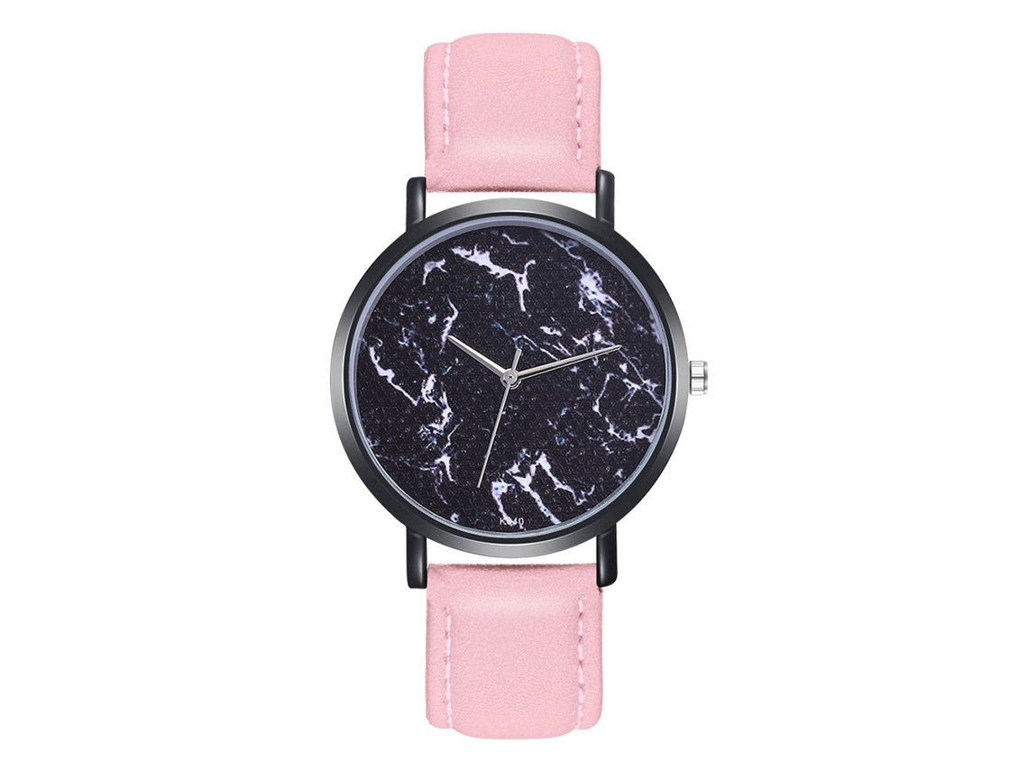Relógio de quartzo casual unissex com pulseira de couro PU e mostrador redondo rosa.