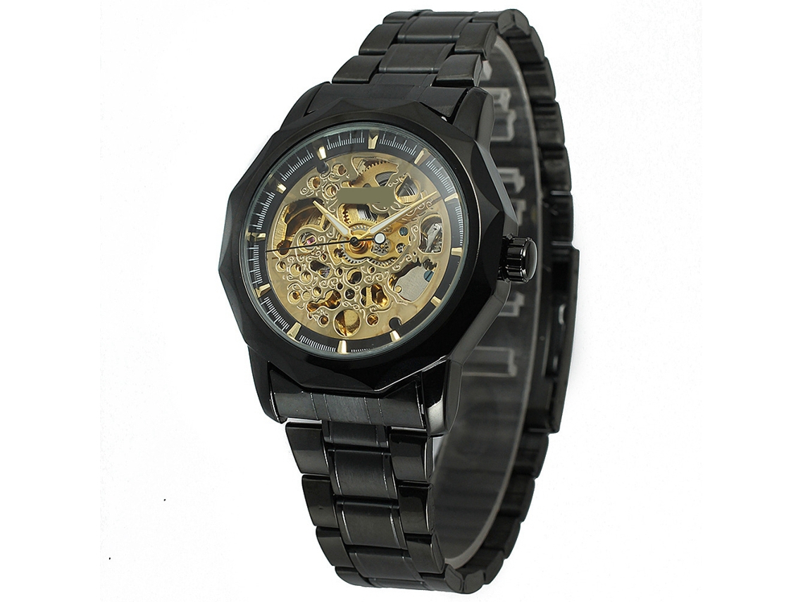 Relógio masculino Winner automático mecânico resistente à água (preto e dourado)
