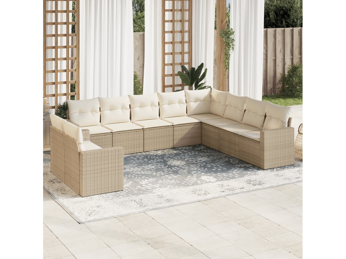 Vidaxl 10 Pcs Conjunto De Sofás P/ Jardim Com Almofadões Vime Pe Bege
