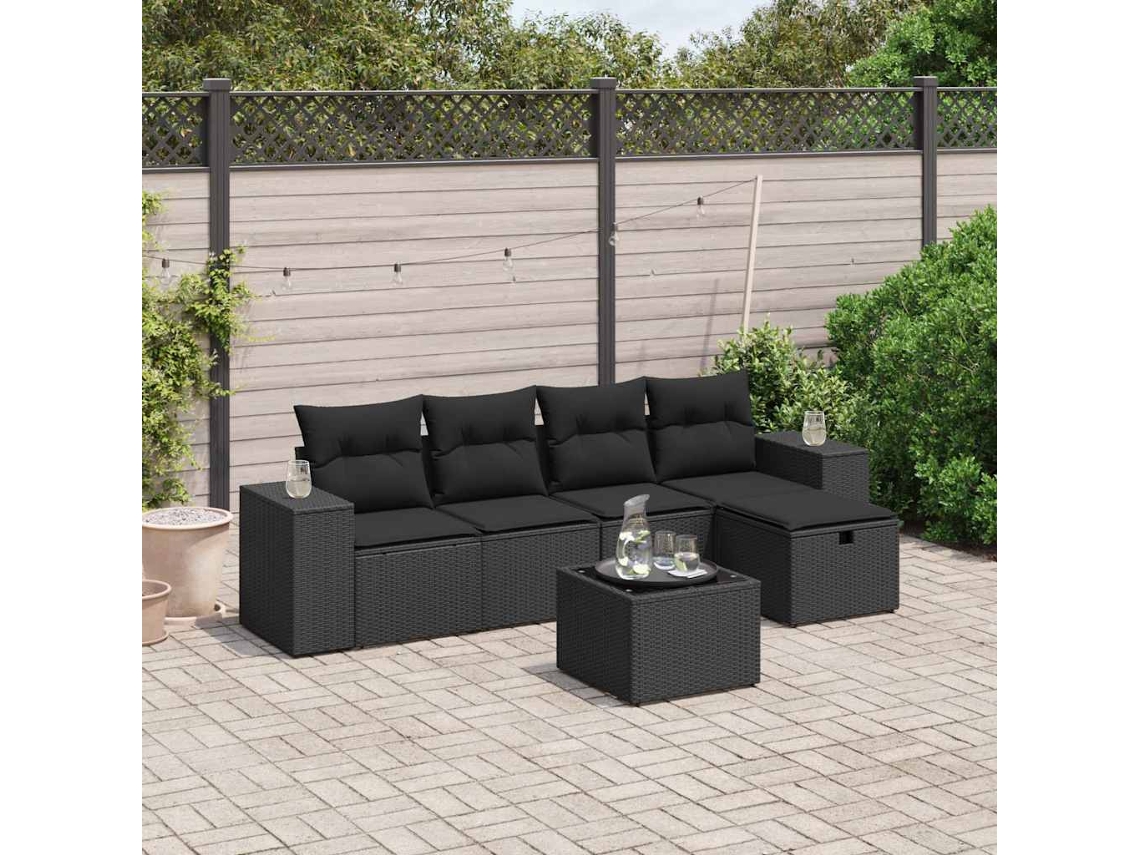 Vidaxl 6 Pcs Conjunto Sofás De Jardim C/ Almofadões Vime Pe Preto