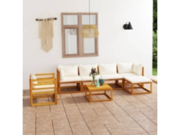 7 Pcs Conjunto Lounge Jardim C/ Almofadões Acácia Maciça Creme Dkd Home Decor