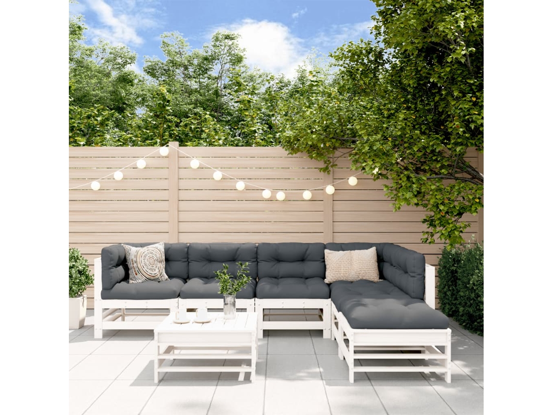 Vidaxl 7pcs Conjunto Lounge Jardim C/ Almofadões Madeira Maciça Branco
