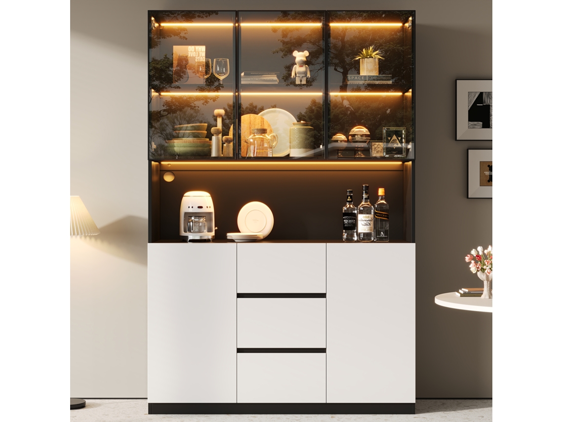Vitrine Iluminada Em Vidro Temperado 120x40x200 Cm, Com Prateleiras Abertas, Três Gavetas E Duas Portas. Móvel Versátil Para Sala De Estar E Jantar.