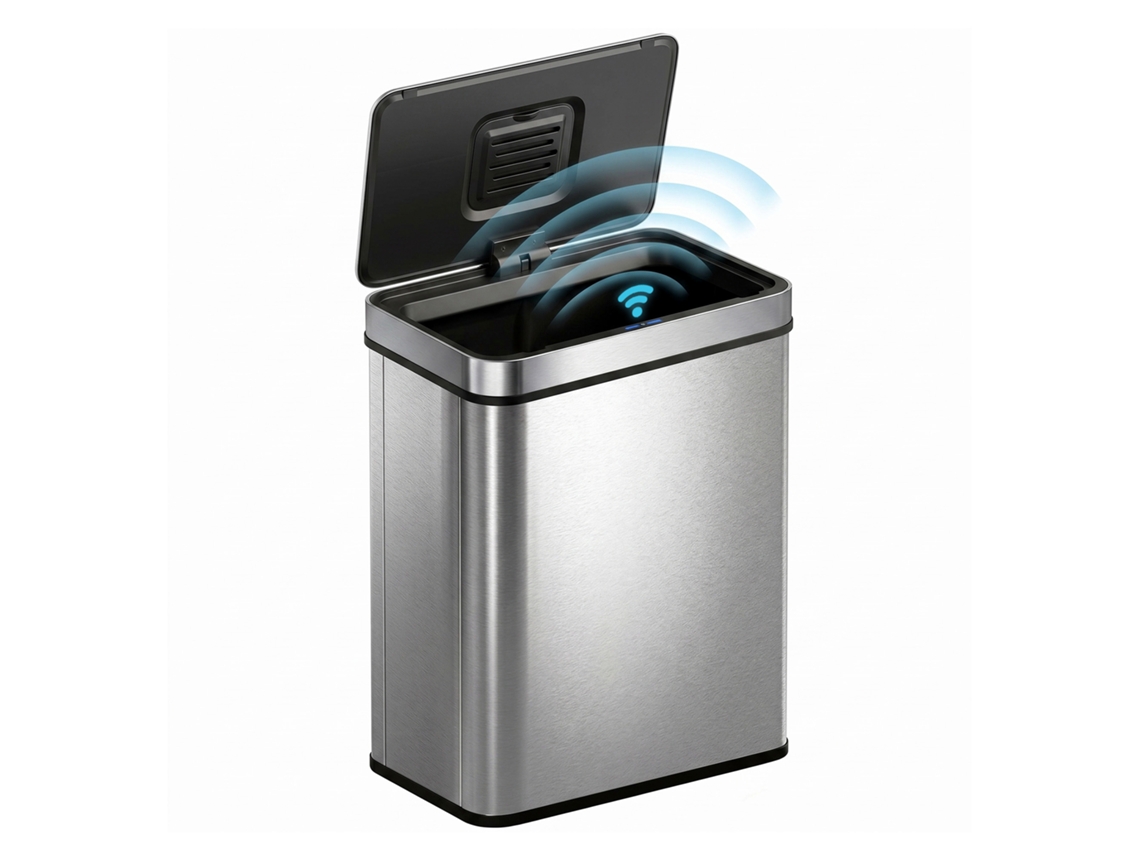 Lixeira automática de 50 litros com sensor e tampa de fechamento suave, em aço inoxidável, cor prata.