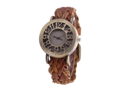 Relógio de quartzo vintage com mostrador vazado para homens e mulheres, pulseira de PU trançada marrom claro.