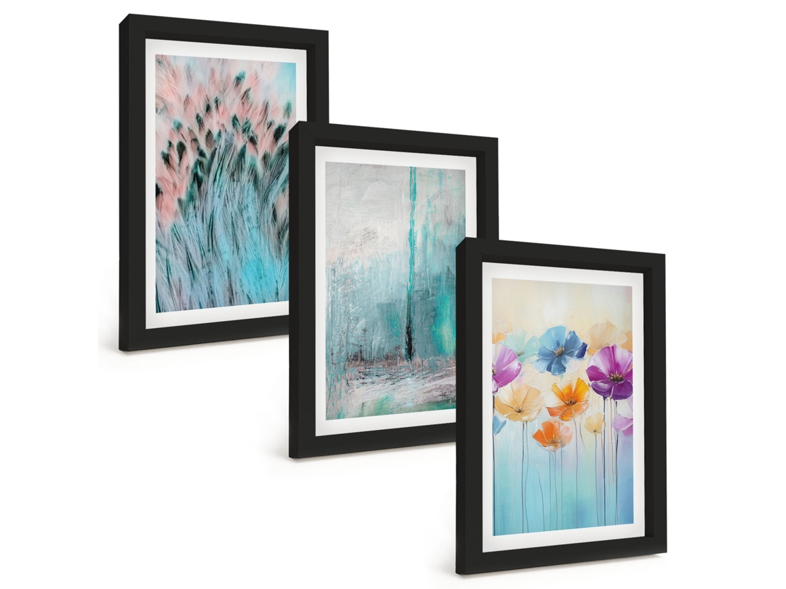 Conjunto De Pinturasflores, Padrões De Fundo Pastel Moldura Preta Quadros Para A Sala De Estar Espelharte (3 Peças 20x30 Cm)