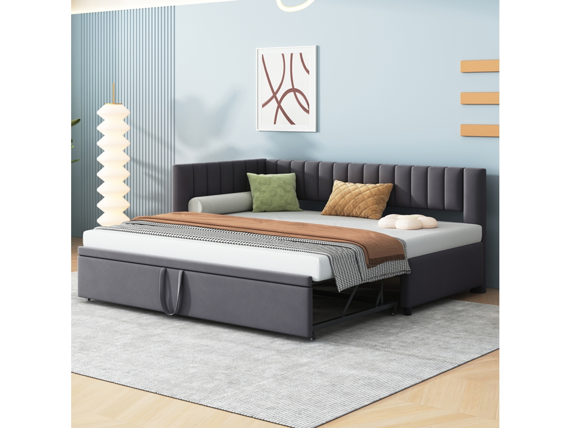 Sofá Cama L Multifuncional Berço 90/180x200cm Tecido Veludo Cinza