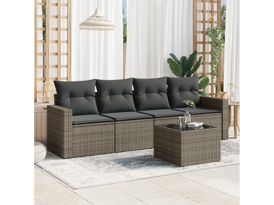 Vidaxl 5 Pcs Conjunto Sofás De Jardim C/ Almofadões Vime Pe Cinzento