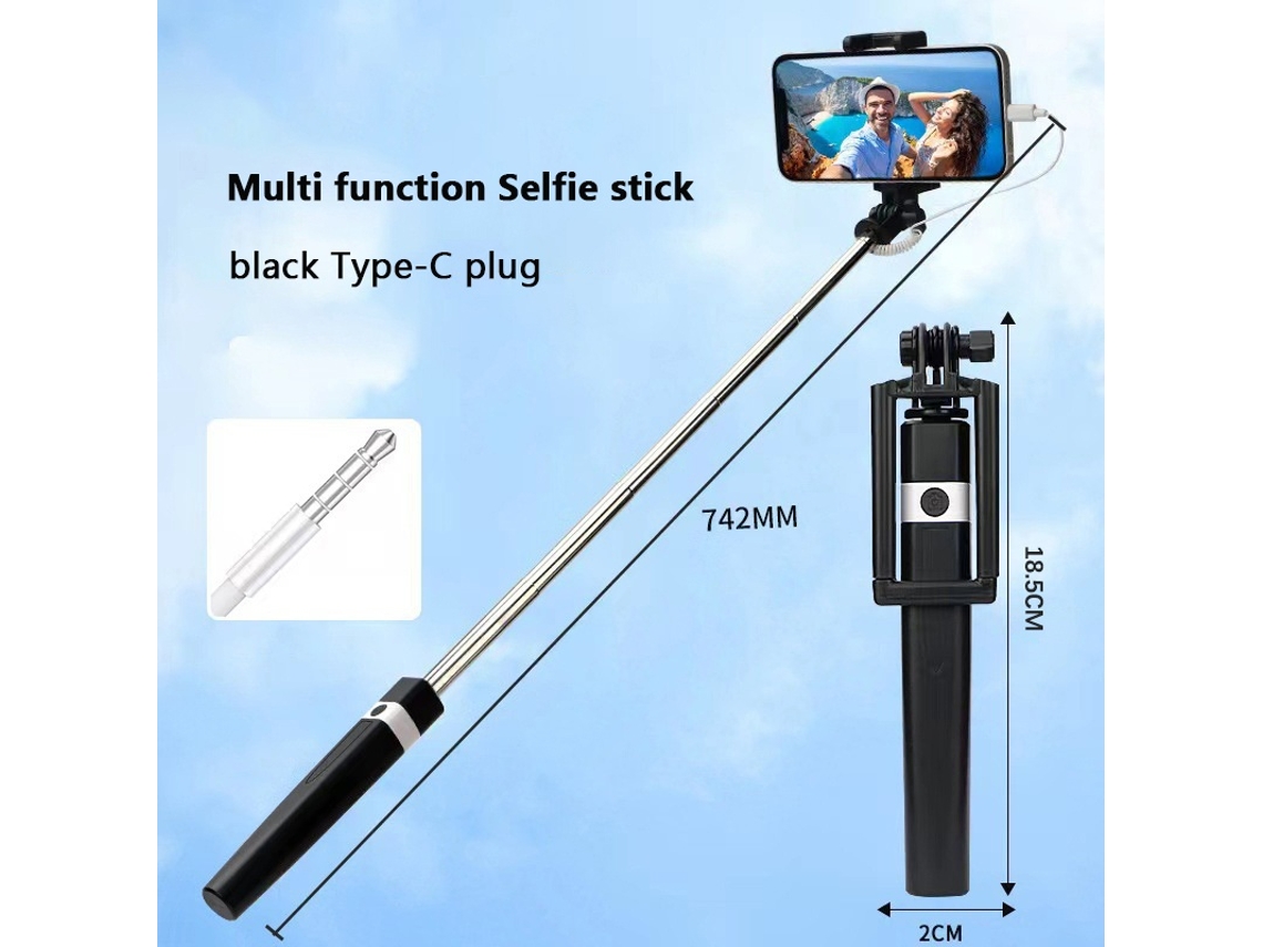 Cabo Usb, Bastão De Selfie Com Controle Por Fio Rosa/azul/preto Adequado Para Conector Tipo C, Encolhe 18 Cm, 74 Cm, Aço, Para Telemóvel