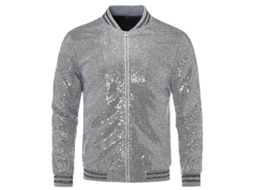 Jaqueta masculina casual de lantejoulas, modelo bomber com zíper, ideal para festas em 2026.