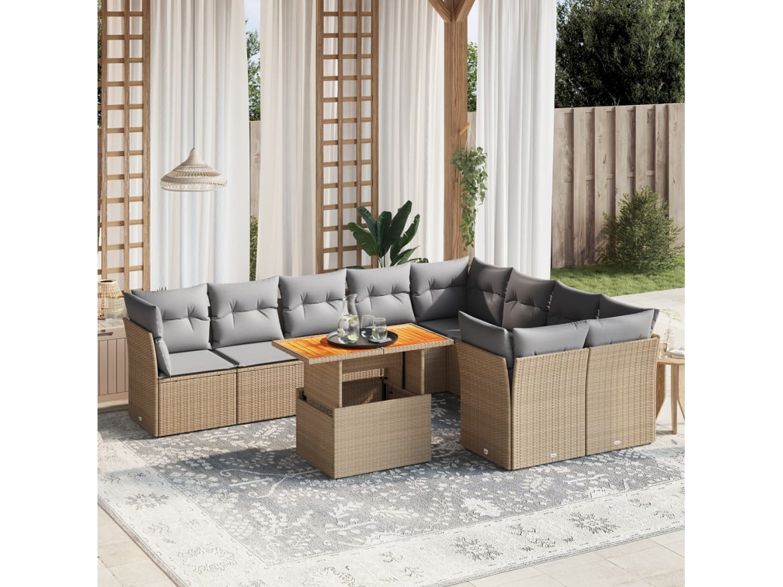 Vidaxl 10 Pcs Conjunto De Sofás P/ Jardim Com Almofadões Vime Pe Bege