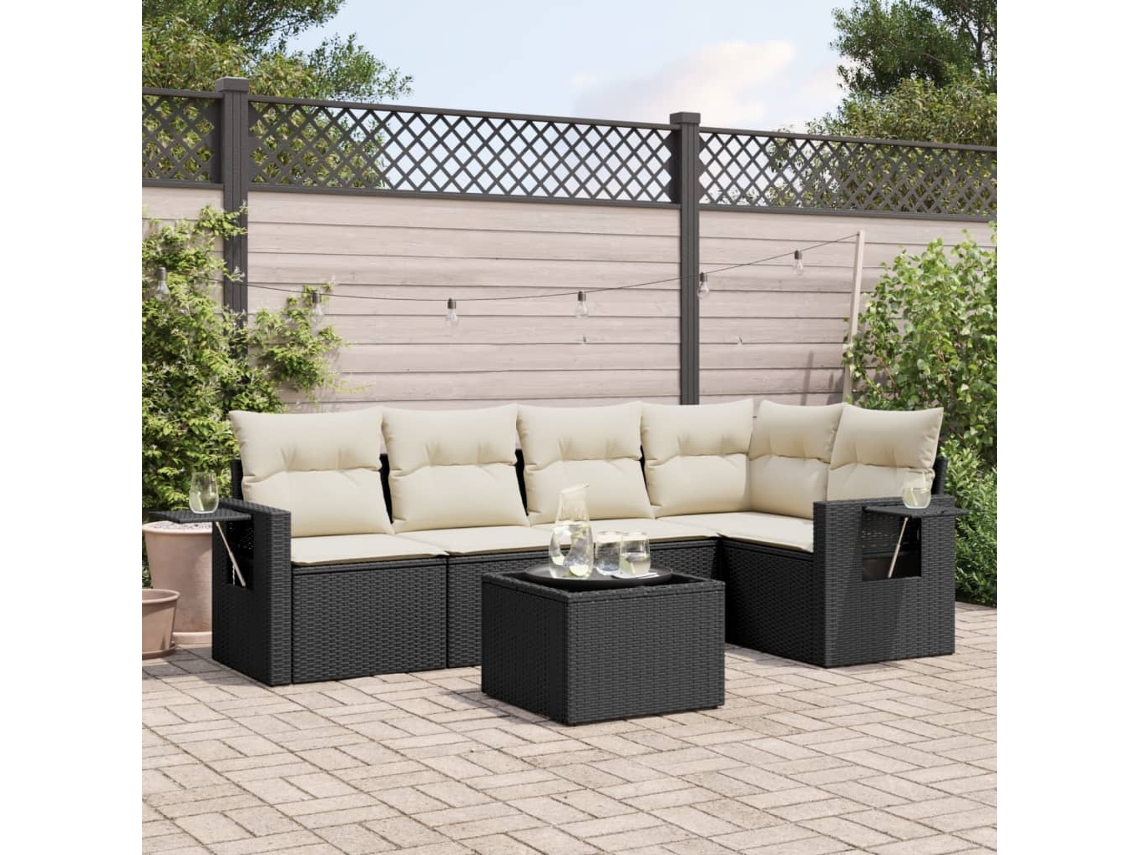 Vidaxl 6 Pcs Conjunto Sofás De Jardim C/ Almofadões Vime Pe Preto
