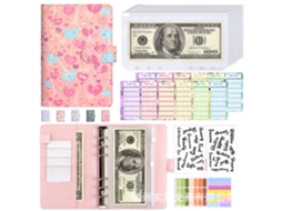 A6 Heart Tower Korean Macaron Pu Loose Leaf Notebook Pink Cover With 8zip Pouches, A6 Cash Budget Cards 12-sheets