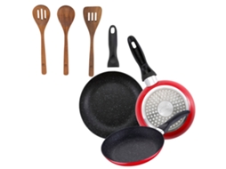 Jogo De 3 Frigideiras Bergner Em Mármore Vermelho Marinho, Ø16ø20ø24cm, Com Utensílios De Cozinha.