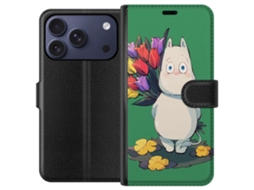 Capa Carteira Compatível Com Apple Iphone 17 Pro Com Ilustração Delicada De Uma Figura Segurando Um Buquê De Tulipas Coloridas Sobre Um Fundo Verde.