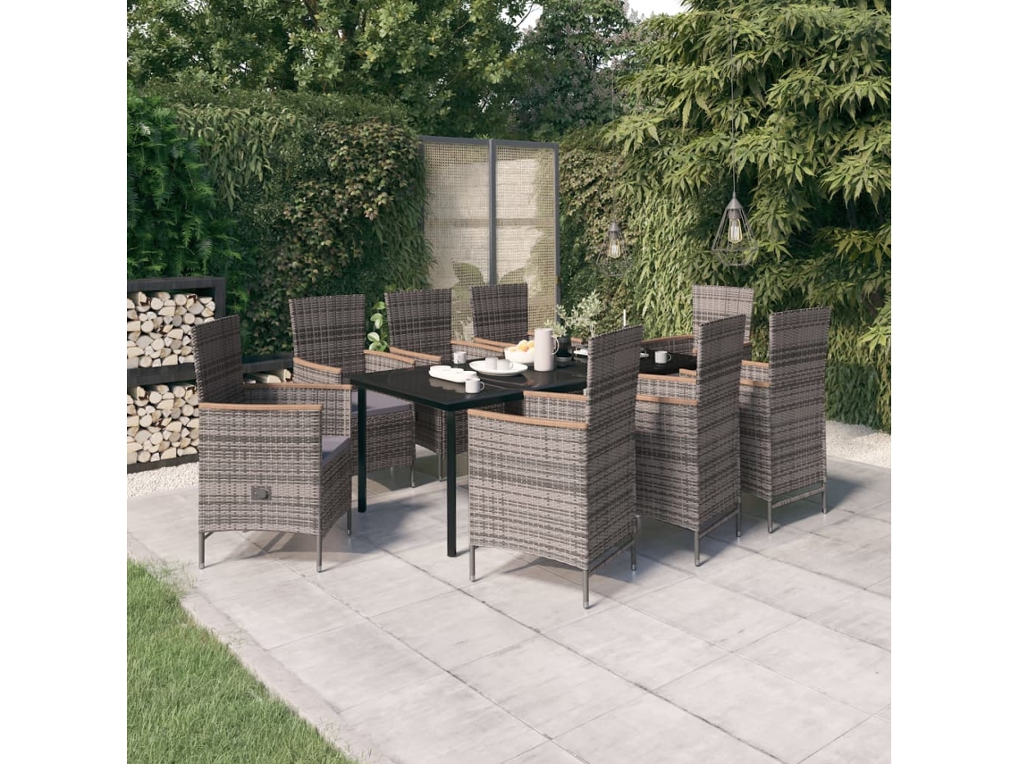 Vidaxl 9 Pcs Conjunto De Jantar Para Jardim Com Almofadões Cinza