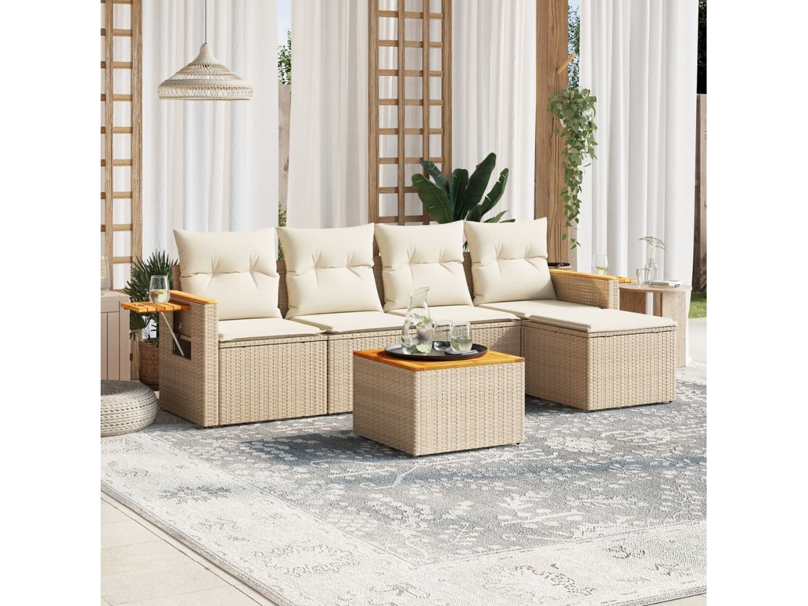 Vidaxl 6 Pcs Conjunto De Sofás P/ Jardim Com Almofadões Vime Pe Bege