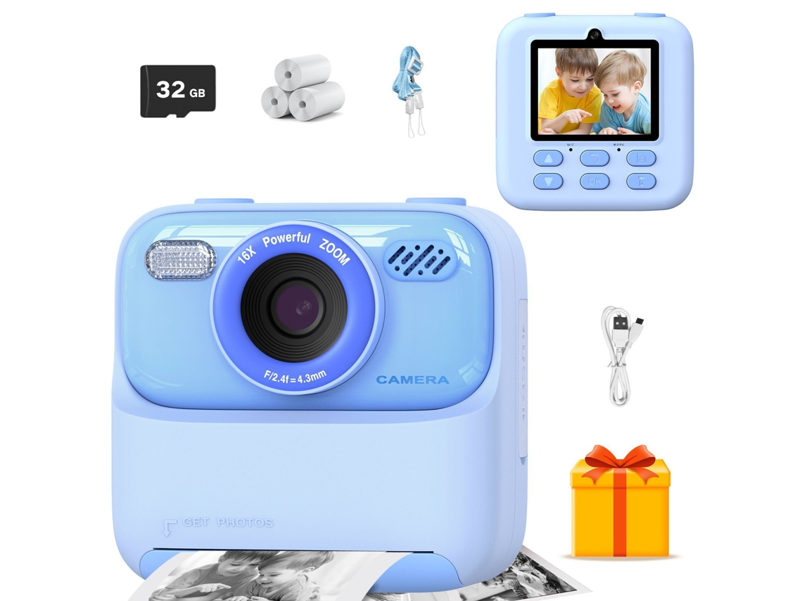 Câmera Digital Instantânea Infantil, Tela Grande de 2,4 Polegadas, Lentes Duplas Frontal e Traseira de 1080p, Memória de 32 Gb CZHHMART (azul)