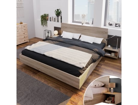 Cama de Casal com Cabeceira Mesas Completo YUETOPP Madeira Cinzento (160x200cm)