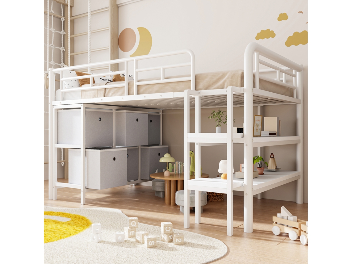 Cama Infantil Metal 90x200cm, Escada Larga Cantos Arredondados. Gavetas Prateleiras Organização Branca. Cs