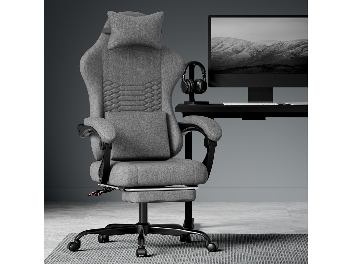 Cadeira Gamer Ergonômica Em Tecido Com Massagem, Apoio De Cabeça E Apoio Para Pés, Conforto Premium, Cinza Escuro