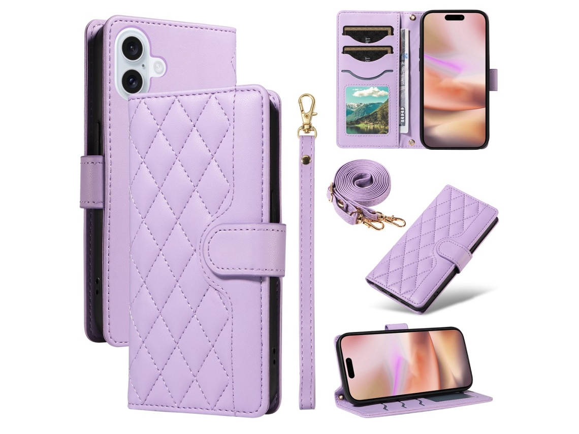 Capa Em Couro Pu, Com Pega Para Apple Iphone 16 Roxo Claro
