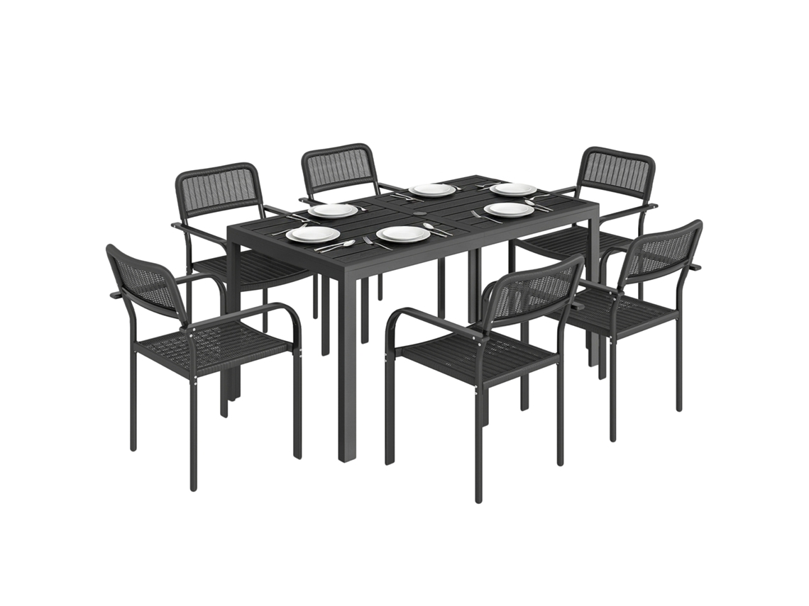 Mesa e cadeiras para jantar externo 6 pessoas, com furo para guarda-sol, preto BTFORUS