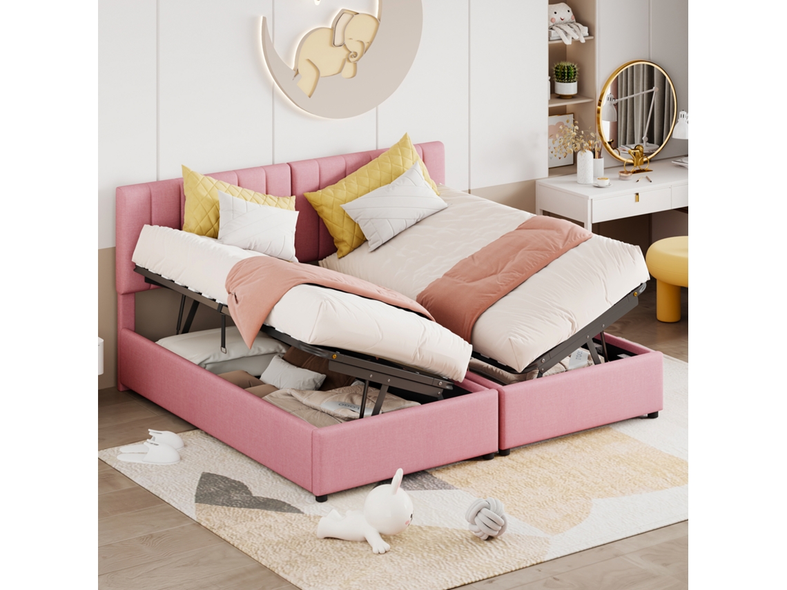 Cama Casal 180x200 Cm Armário Hidráulico Tecido Linho Rosa