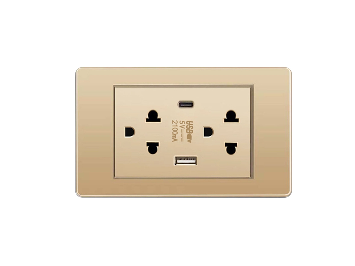 Tomada de Parede Elétrica Tailandesa com USB Type C e Portas de Carregamento Ouro