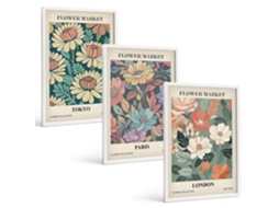 Conjunto De Pinturas Pôsteres Florais Tóquio Paris Londres Espelharte (3 Peças 40x60 Cm)