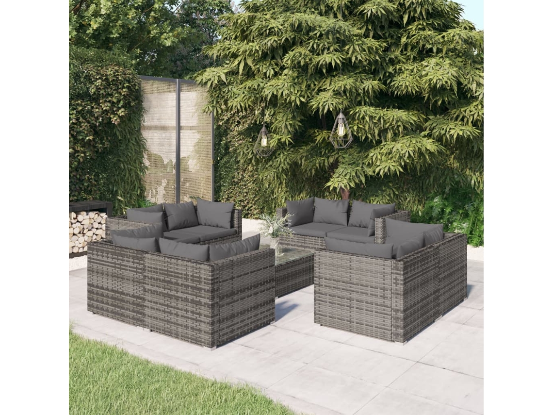 Vidaxl 9 Pcs Conjunto Lounge De Jardim C/ Almofadões Vime Pe Cinzento