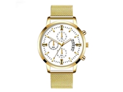 Relógio masculino de quartzo com calendário, mostrador redondo e pulseira de aço banhada a ouro branco.