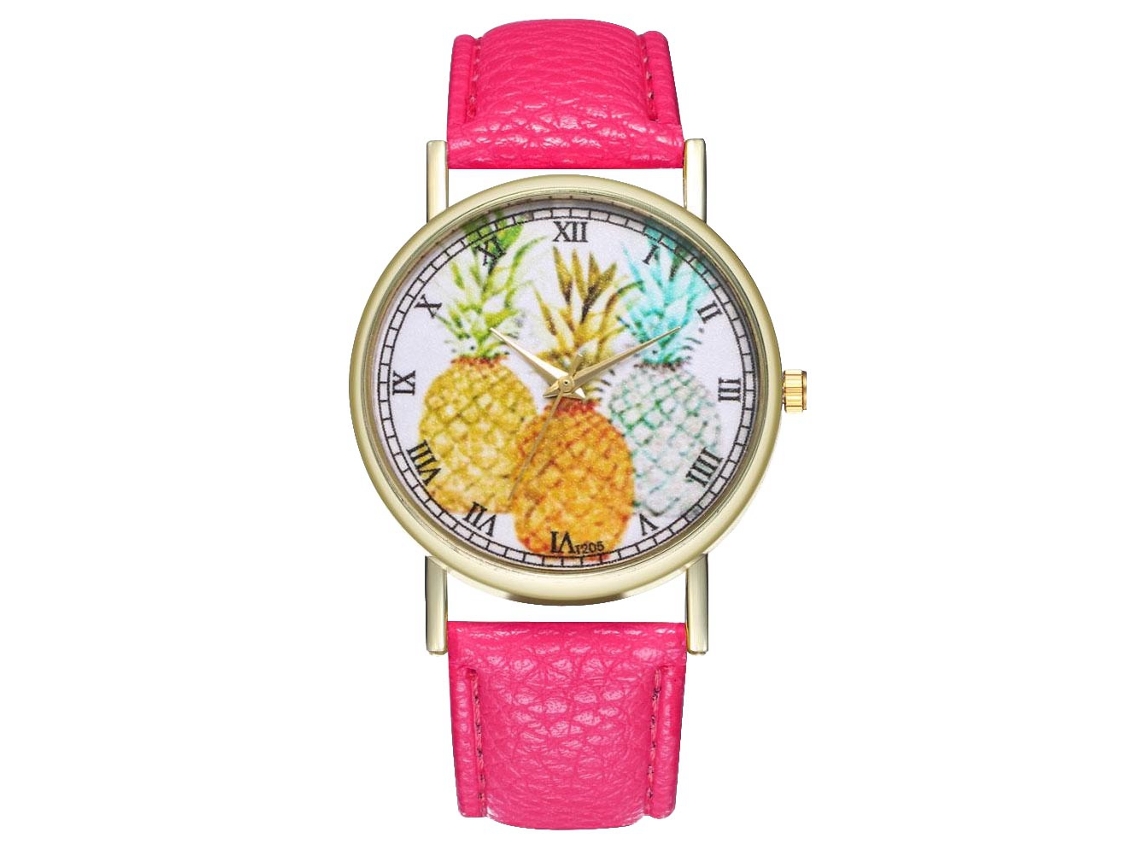 Reloj De Pulsera Unisex De Cuarzo Con Correa Pu Y Dial Redondo Patrón Piña (rojo Rosa)