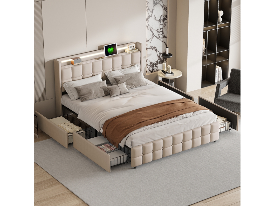 Cama De Casal Com Gavetas 140x200 Cm, Cama Estofada Com Arrumação Bege Com 4 Gavetas, Iluminação Led, Estrado De Ripas, Sem Colchão