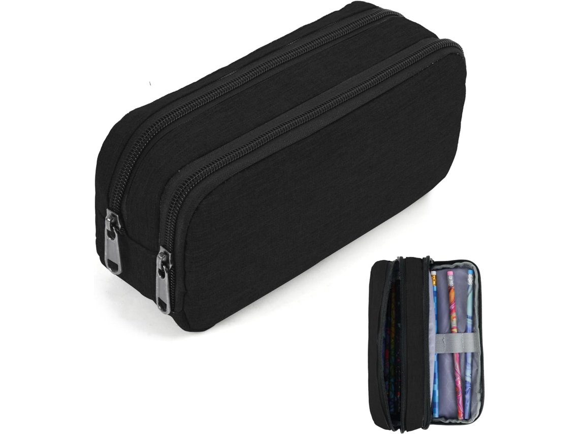 Estojo para Lápis, 2 Compartimentos, Resistente, Multifuncional, Preto, Escolar AQUAFORGE