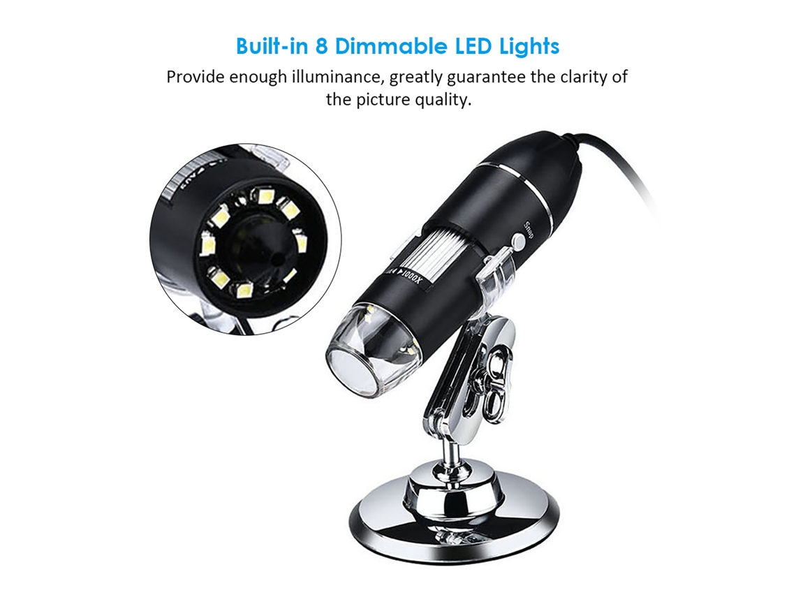 Microscópio Digital Usb 1000x com 8 Leds e Suporte | S/MARCA