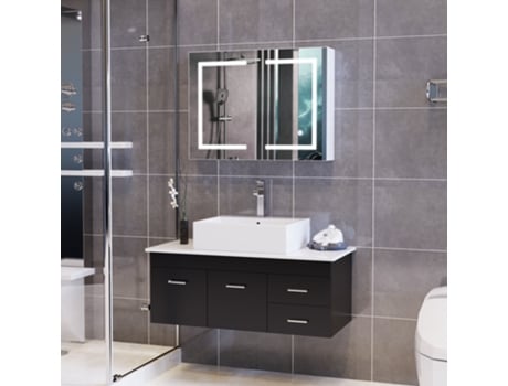 Armário De Espelho Casa De Banho Com Iluminação Led, 60x13x80cm, Três Cores De Luz Ajustáveis, Portas Duplas Rosahqnda