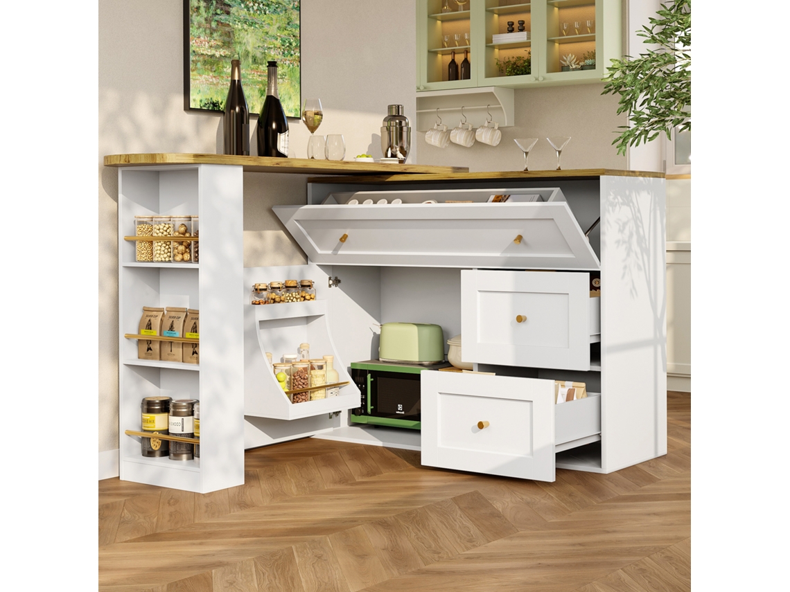 Ausziehbarer Bartisch 138-204×39×105cm, Snackregal, Teleskop, Weiß, Küchenschrank-hm