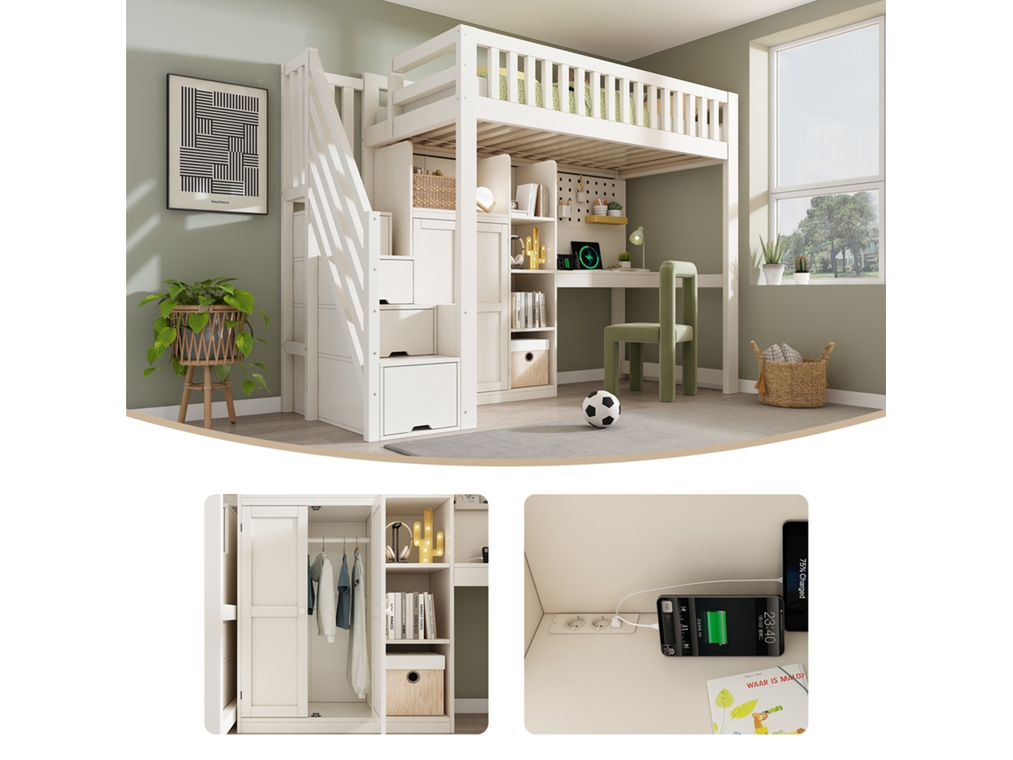 Cama Alta Infantil 90x200cm Com Mesa Armários Prateleiras Usb/usb-c