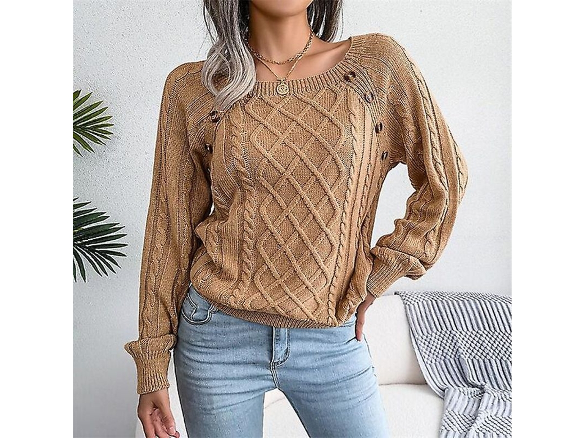 2026 suéter de Punto para Mulher com Gola Redonda, Manga Longa, Cor Solida, Casual, Outono Inverno, Branco