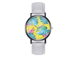 Relógio de pulso de quartzo com pulseira de couro PU, estampa de folhas coloridas, Zhoulianfa cinza, unissex.